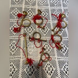 Vintage Miniature Horn Set Christmas Ornament with Red Accents gold brass look